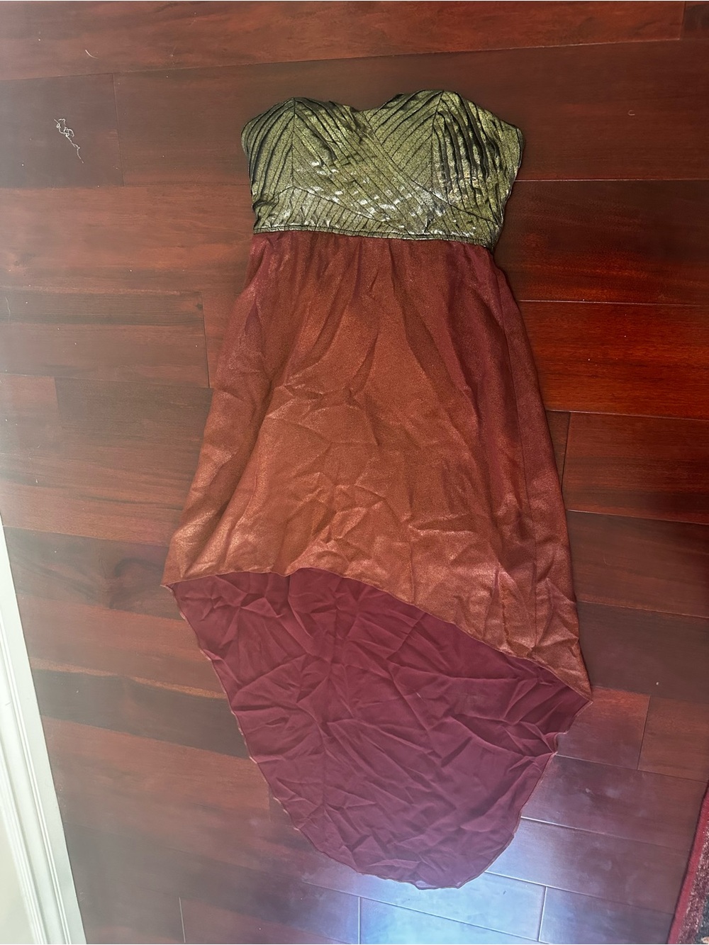 Strapless Metallic Green & Burgundy High-Low Dress